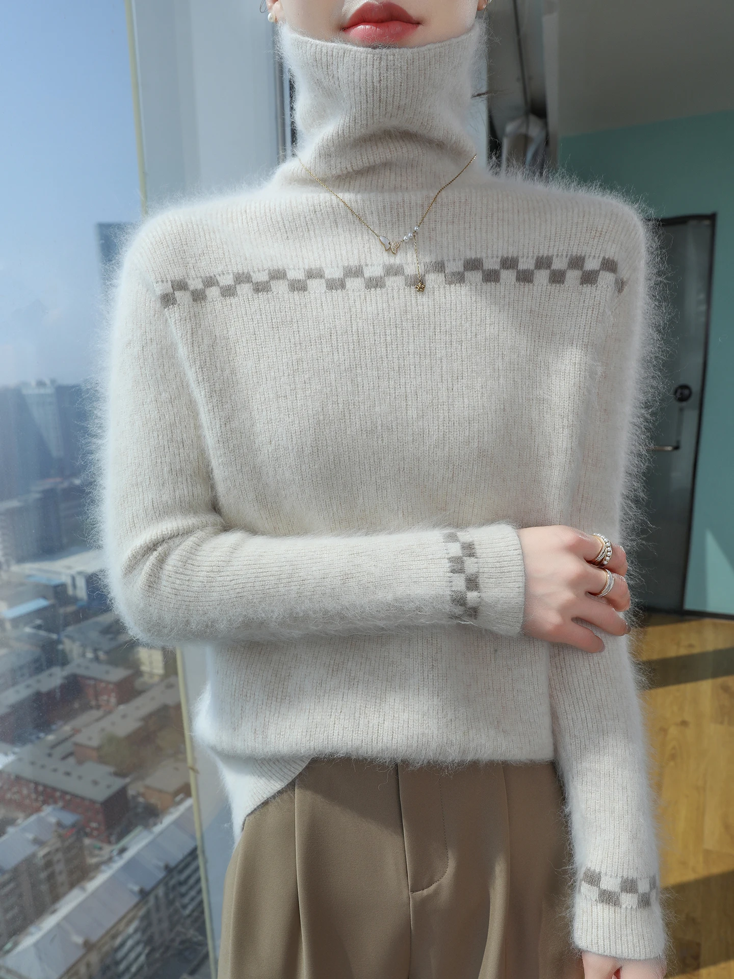 Women's Turtleneck 100% Mink Cashmere Sweater Clothing Autumn Winter New Color Block Knit Pullover Fashion Loose Thicken Blouse