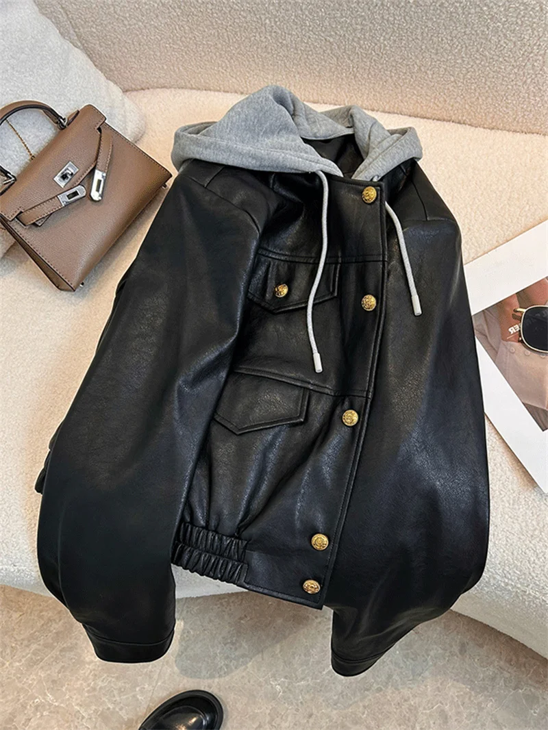 Fake Two Pieces of Hooded Leather Jacket for Women's 2024 Spring Autumn Casual Retro Motorcycle Suit Black PU Leather Jacket Top