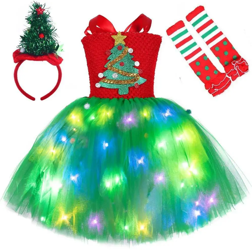 

Colorful Led Lights Christmas Costumes for Girls Twinkling Xmas Tree Lined Tutu Dress Kids New Year Outfit Children Holiday Gift