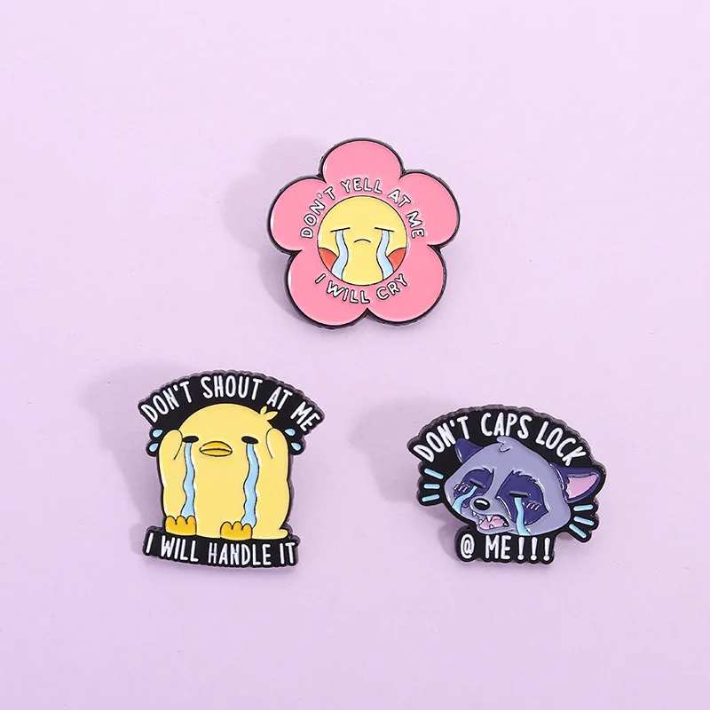 

Crying Duck Raccoon Flower Enamel Pins Set 3Pcs Don’t Yell At Me Funny Meme Brooches Softie Lapel Badge Gift
