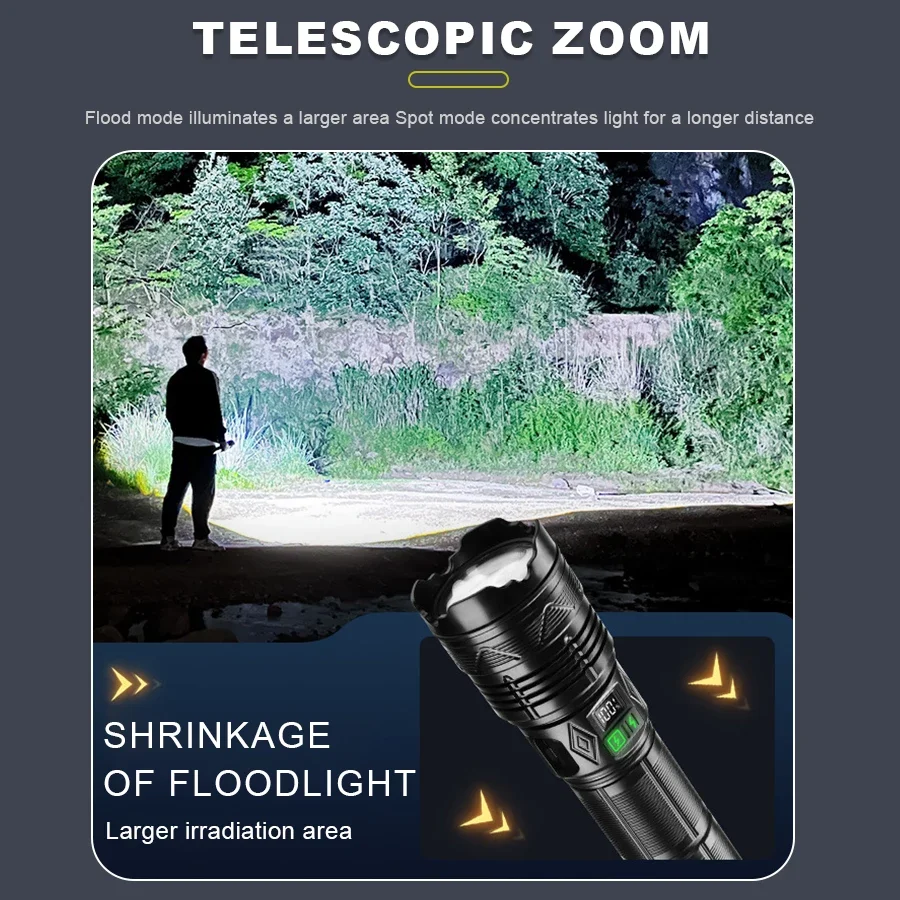 500000LM LED Flashlight High-power USB C Rechargeable Tactical Torch Telescopic Zoom Flashlight Outdoor Camping Fishing Lantern