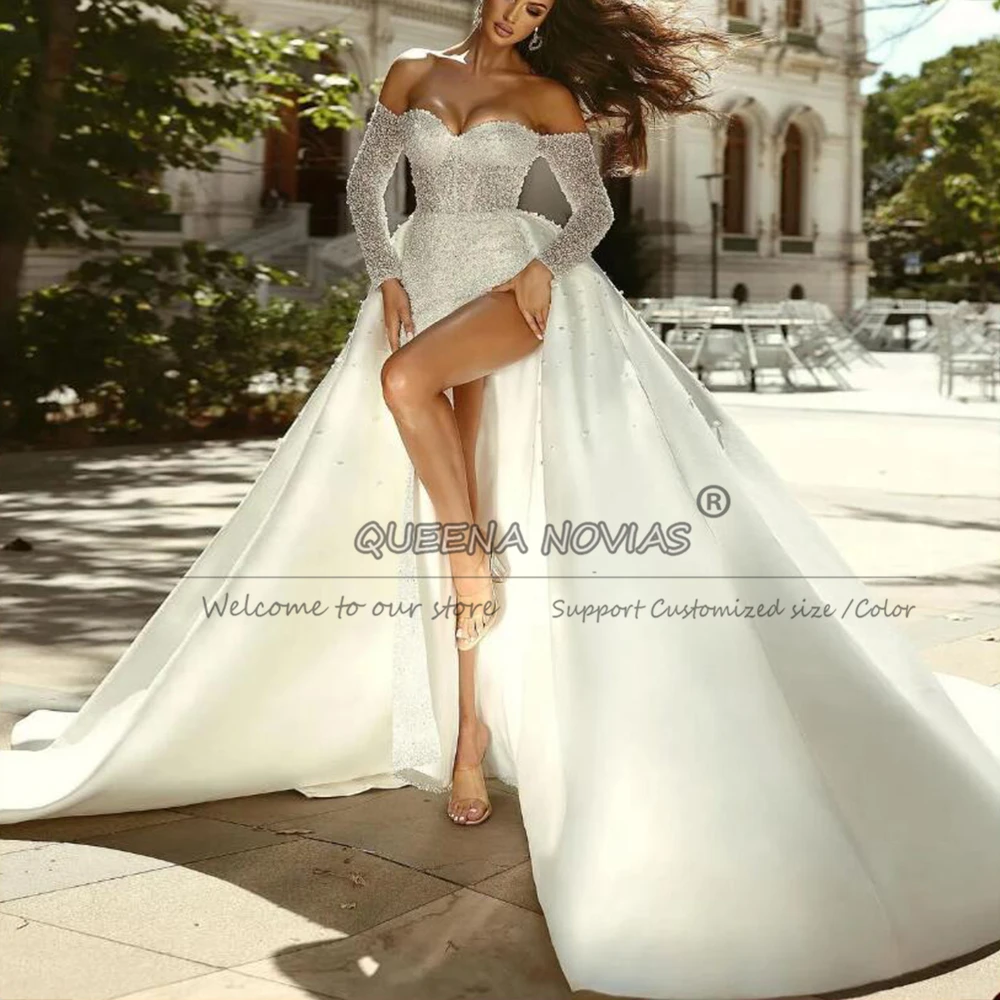

Female Fashion Pearls Mermaid Wedding Dresses Off Shoulder Side Split Bridal Gowns With Detachable Train 2 Pieces Robe De Soriee