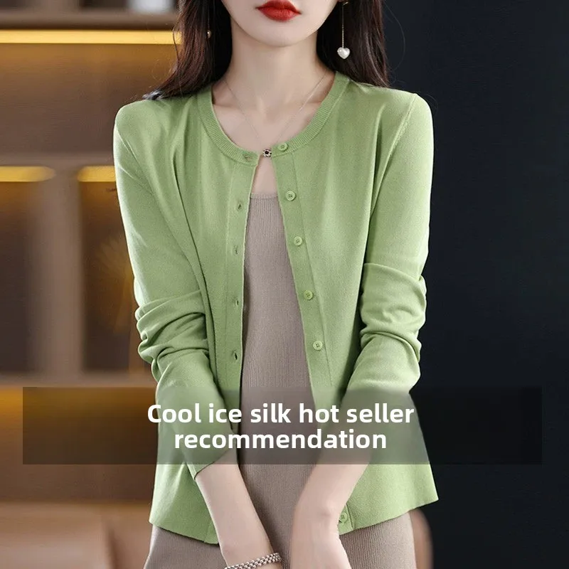 Ice Silk Knitted Cardigan Women's Thin Air Conditioning irt Summer with Strap Dr Small Outerwear awl Jaet V-ne Lon...