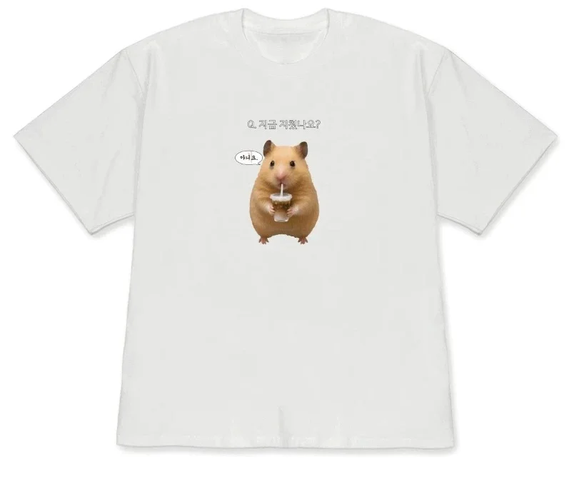 Versatile Korean Lucky Hamster Short-sleeved Printed T-shirt Top Unisex Cute Kawaii Hamster Meme Graphic Casual Streetwear Y2K.