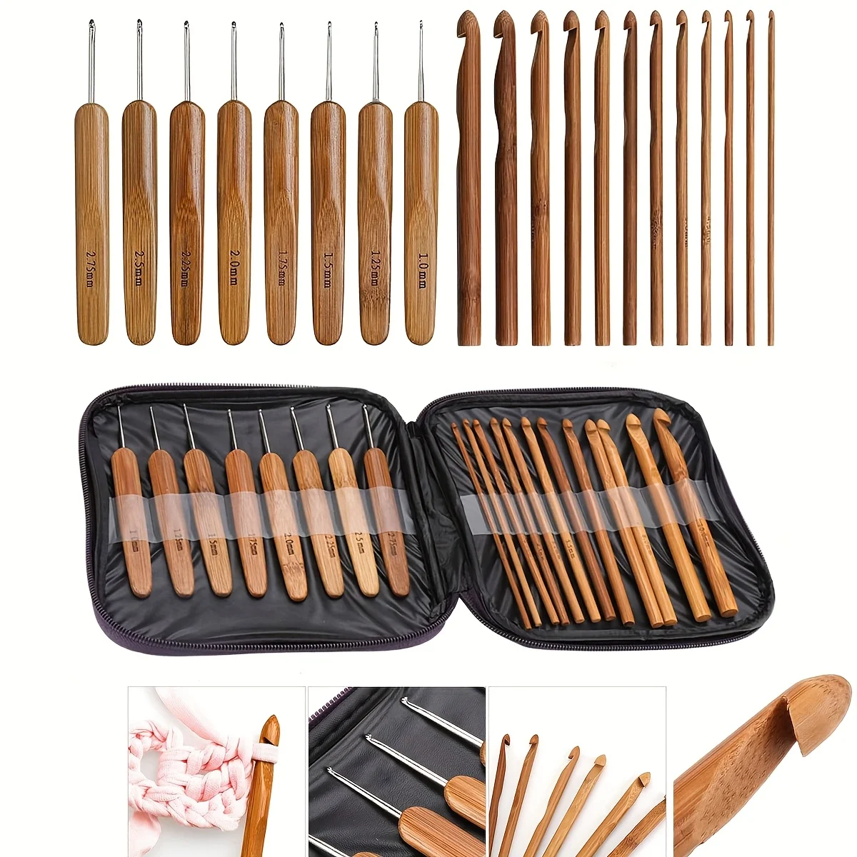 

20pcs/set Bamboo Crochet Hooks with Case 20 Different Sizes from 1.0mm to 10.0mm for DIY Craft Handle Weave Sewing Tools ZSY