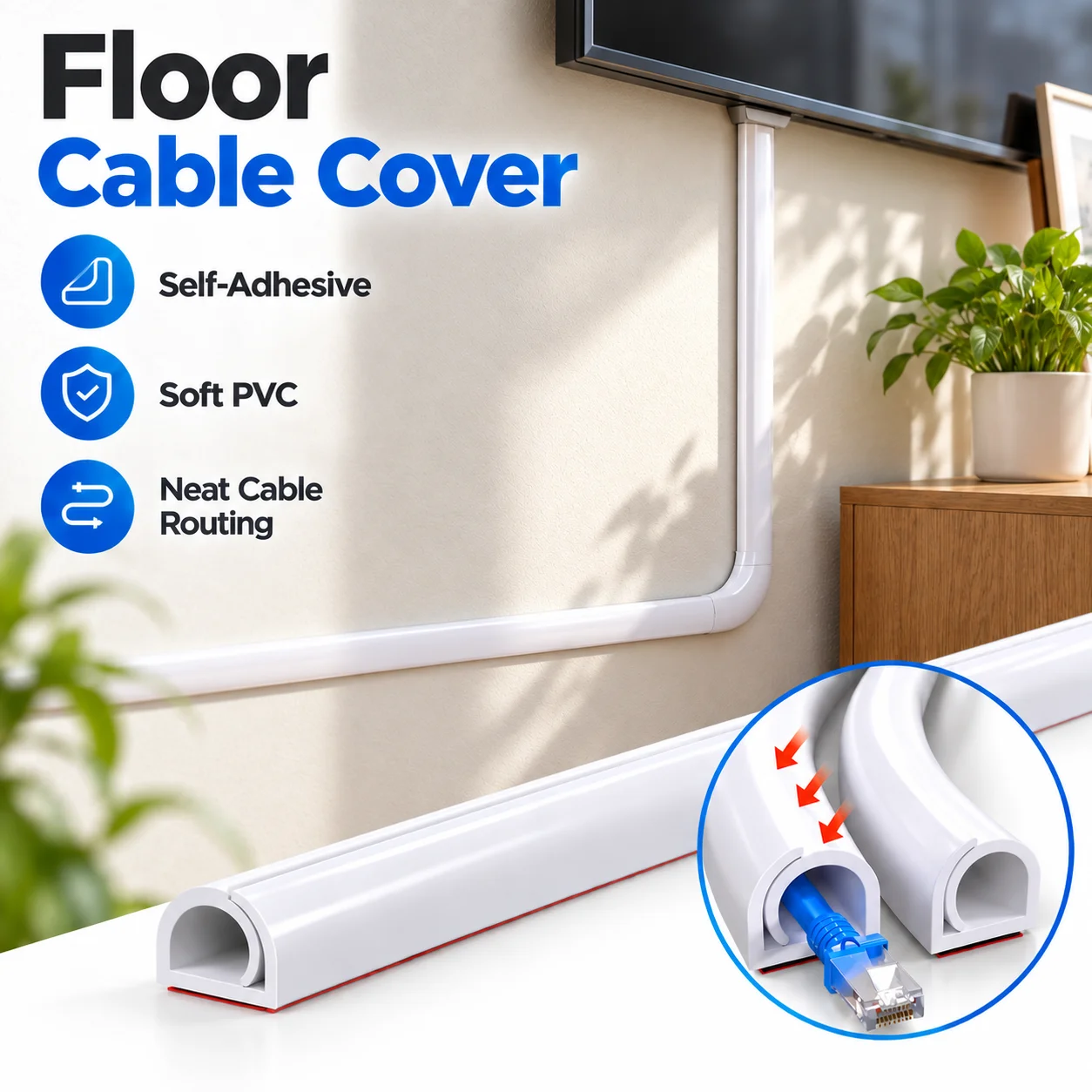1PC 0.5/1/2m Self-Adhesive Floor Cable Protector, PVC Floor Cord Protector, Self-Adhesive Wire Concealer, Non-Slip Cable Protect