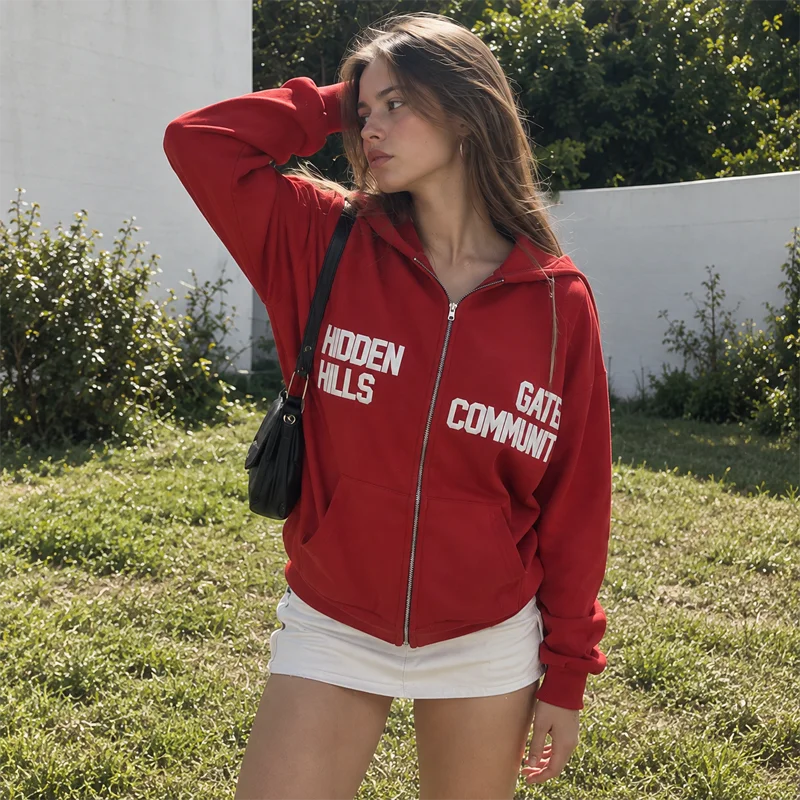 Damen-Kapuzenpullover mit Reißverschluss, Buchstabenmuster, lange Ärmel, Oversize-Sweatshirt, lässige Y2K-Streetwear-Jacke, schwarzes und rotes Kapuzentop für Damen. – Detail 5
