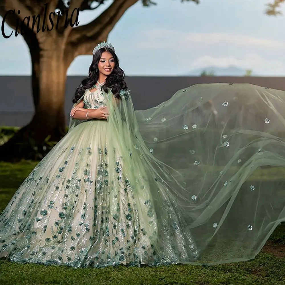 Abiti Quinceanera in pizzo con paillettes fiori 3D verde salvia con abito da ballo a mantella corsetto personalizzato abiti da XV Anos