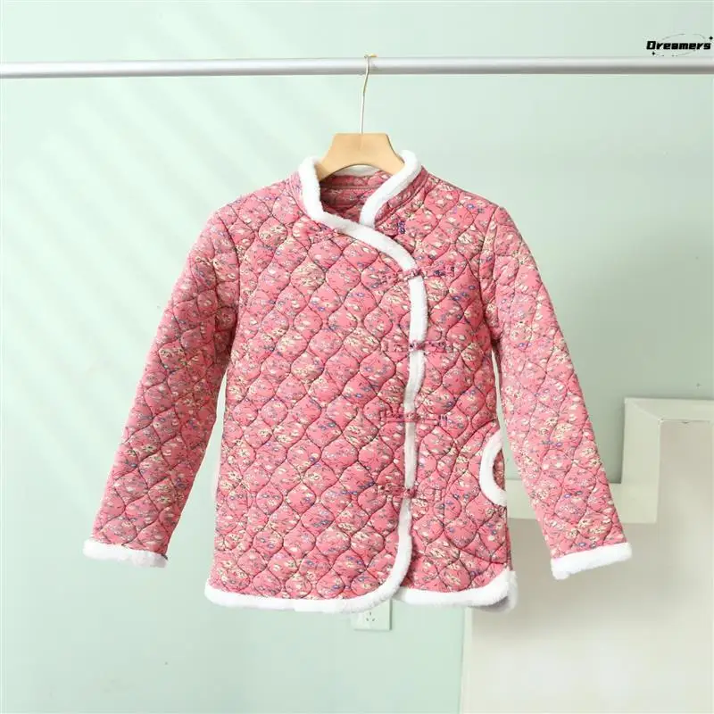 

Thiened Slim Fit Cotton Jaet with Small Floral Print Side Button Ethnic Sle Retro Collar Long Length Autumn Winter Coat