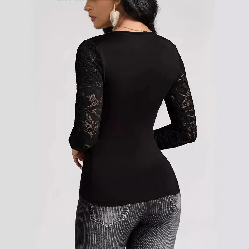 2025 가을 솔리드 컬러 크로스 스플라이싱 레이스 소매 티셔츠 슬림핏 여성 스플라이싱 디자인 바텀 셔츠