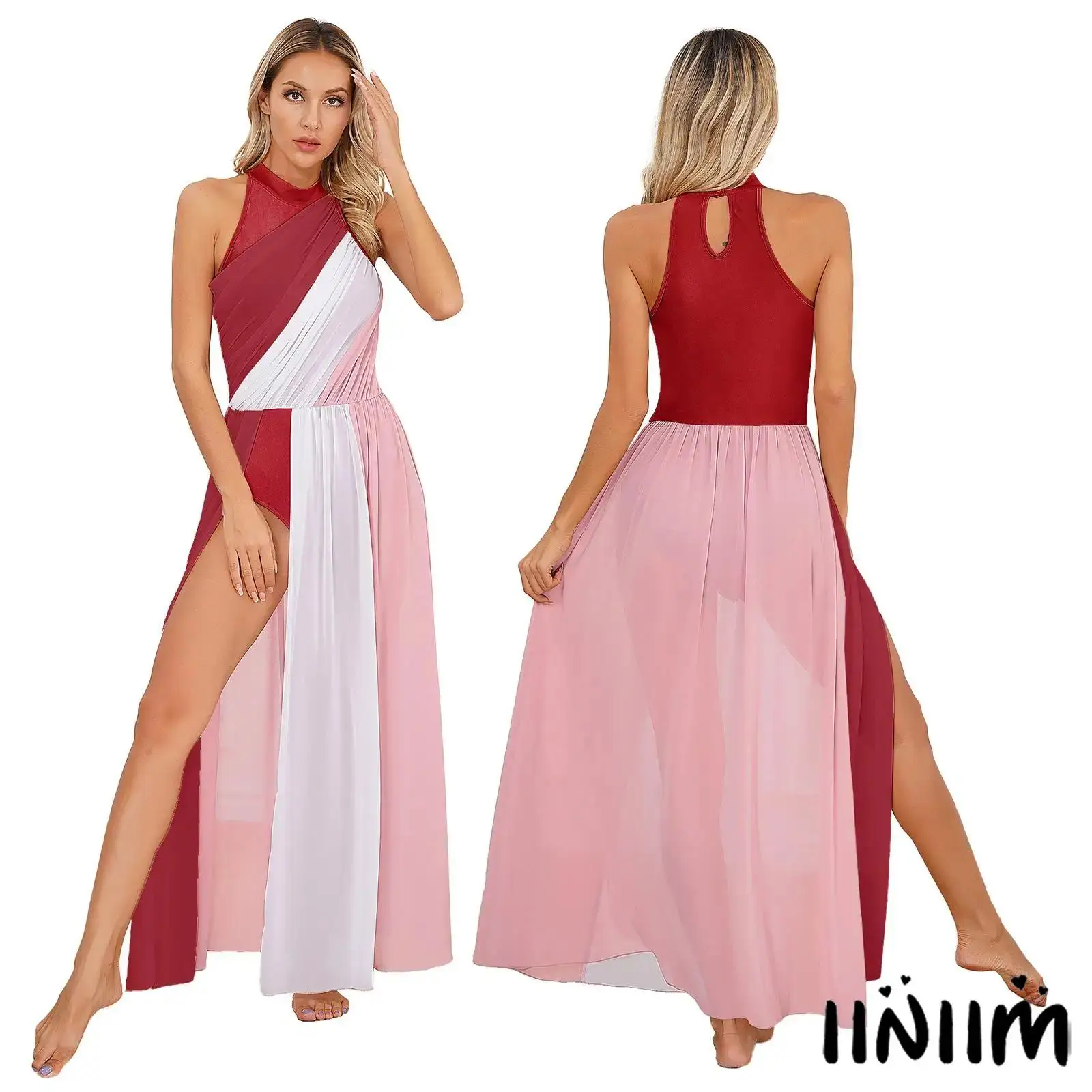 

Womens Lyrical Modern Dance Dress Mock Neck Sleeveless Split Chiffon Skirt Dance Competition Costume Fashion Color Block Dress