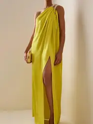 Freeacy Loose Fit Women's Elegant Evening Dress Solid Yellow One-shoulder Halter Dress High Waist H-line Split-side Maxi Dress