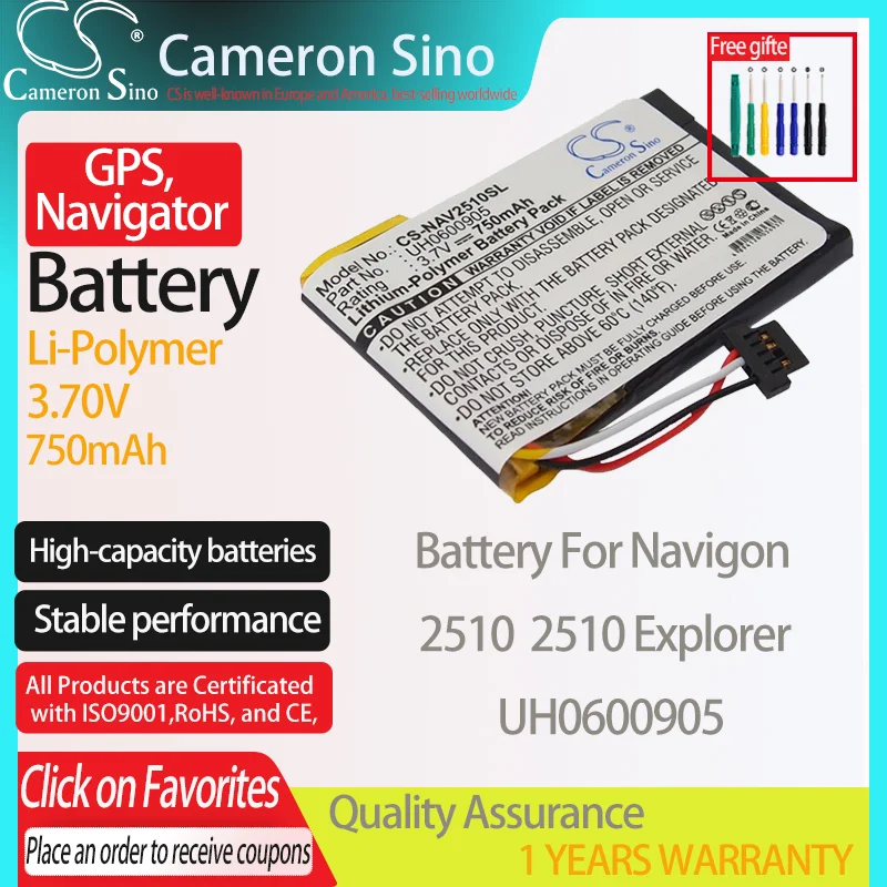 CameronSino Battery for Navigon 2510 2510 Explorer fits Navigon UH0600905 GPS,Navigator battery 750mAh 3.70V Li-Polymer Black