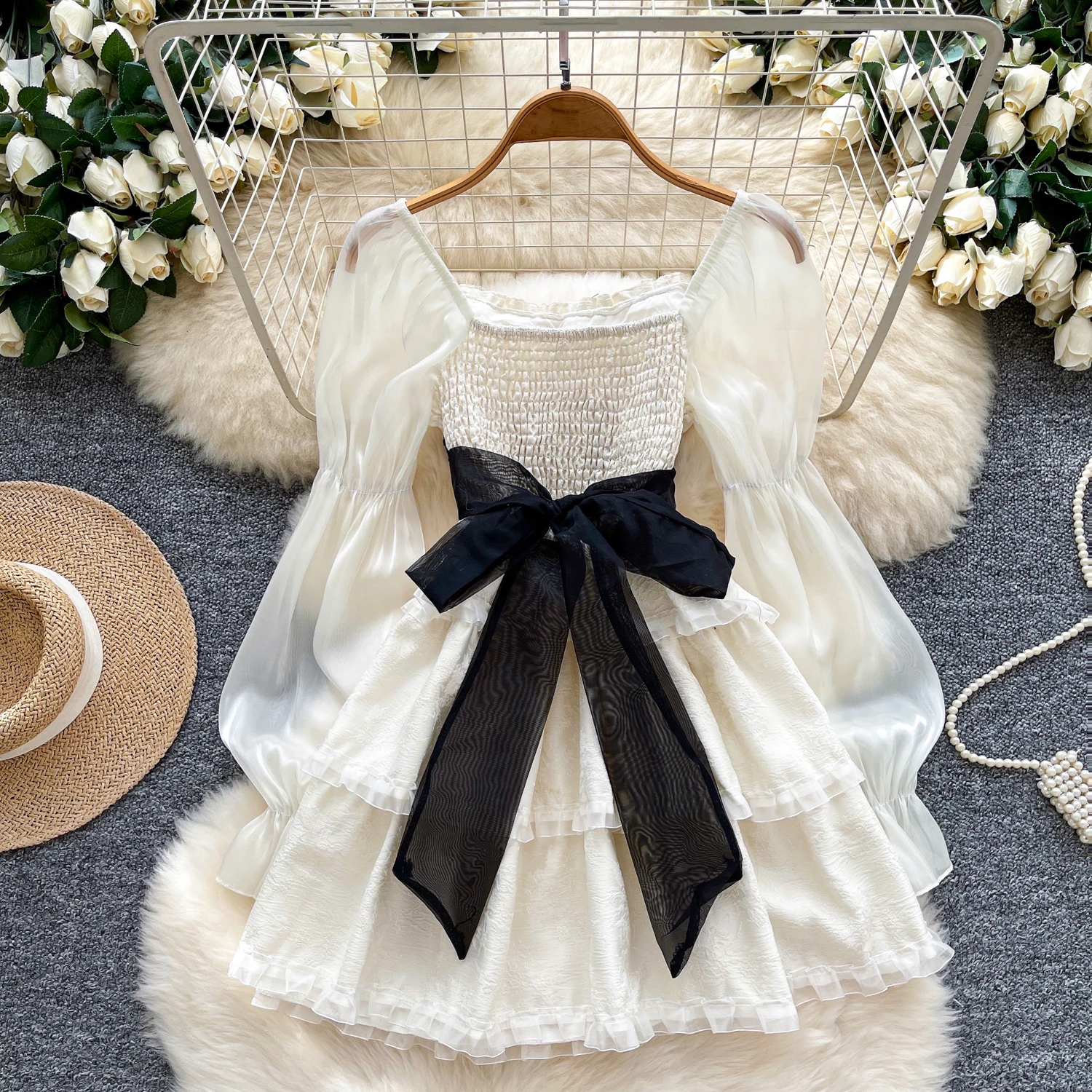 Vestidos elegantes y elegantes de manga larga con mangas abullonadas, vestidos ajustados empalmados, vestido de noche de calle alta para fiesta, ropa de otoño