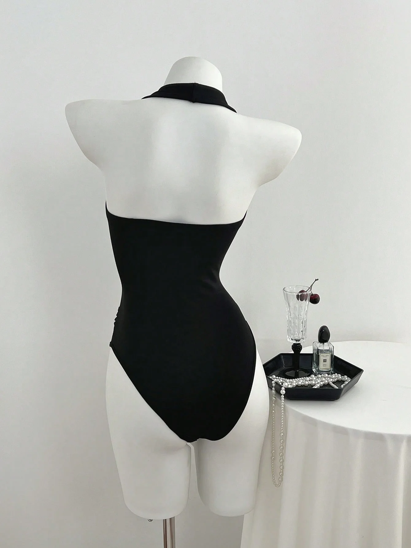 2 Pcs Women Halter Deep V Front Twist Knot Ruched Waist Bodysuit Multi-color Solid Black Cream Sleeveless Slim Fit Y2K Basic Tan