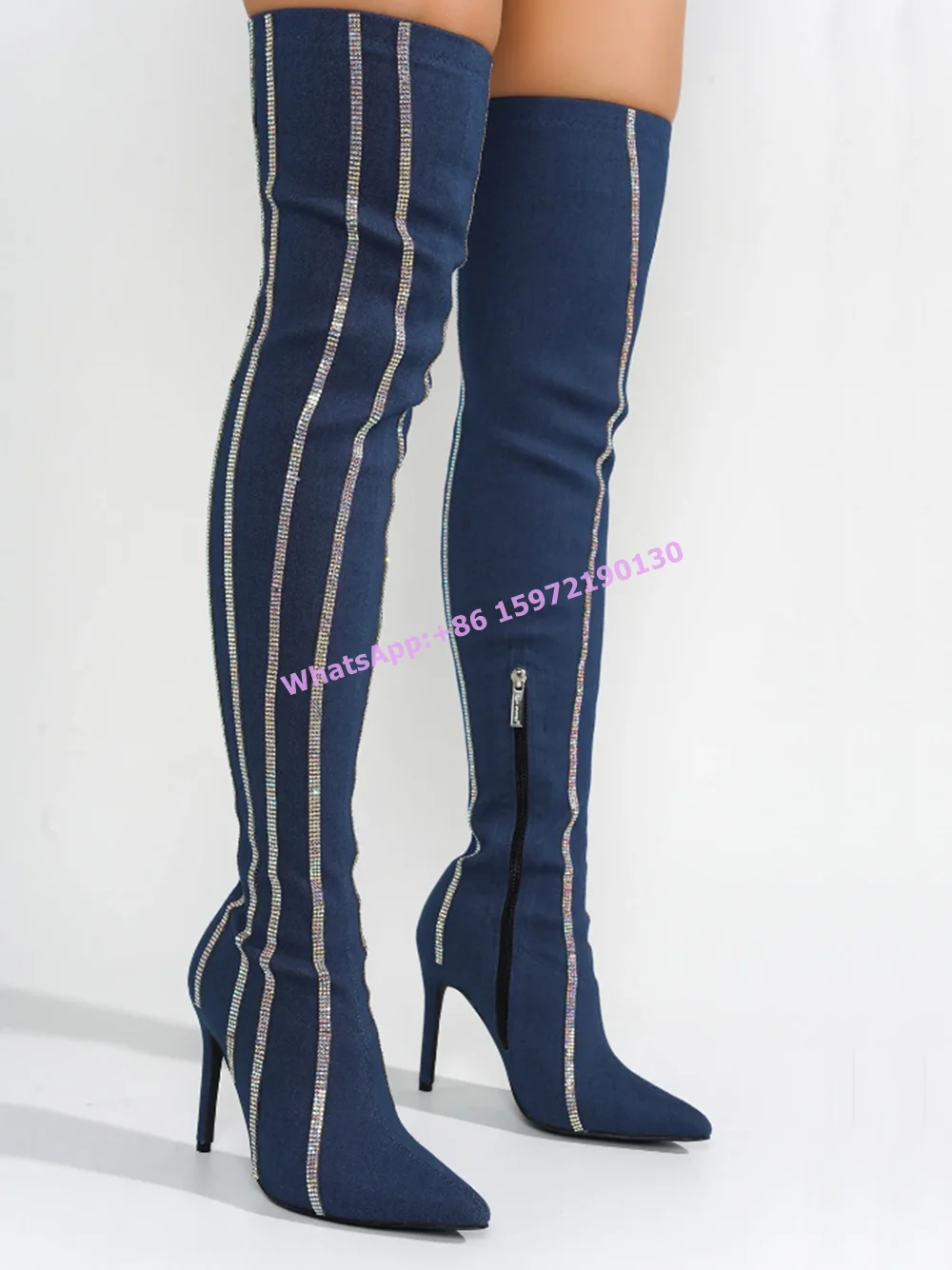 Bling Stripes Dark Blue Boots Pointy Toe Thin Heels Side Zipper Thigh High Boots Luxury Shiny Runway Sexy Solid Shoes 2025