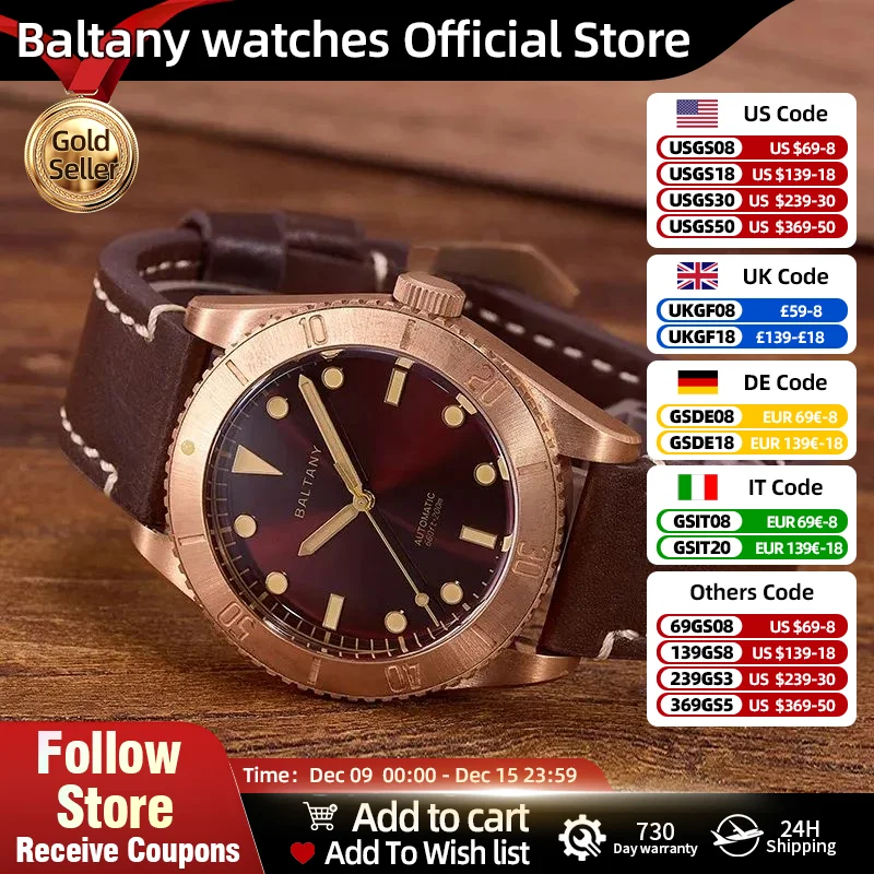 Bronze Diver watch NH38 Automatic Mechanical Watch Mens 200M Waterproof cusn8 Bronze case B3016 Vintage  Wristwatches