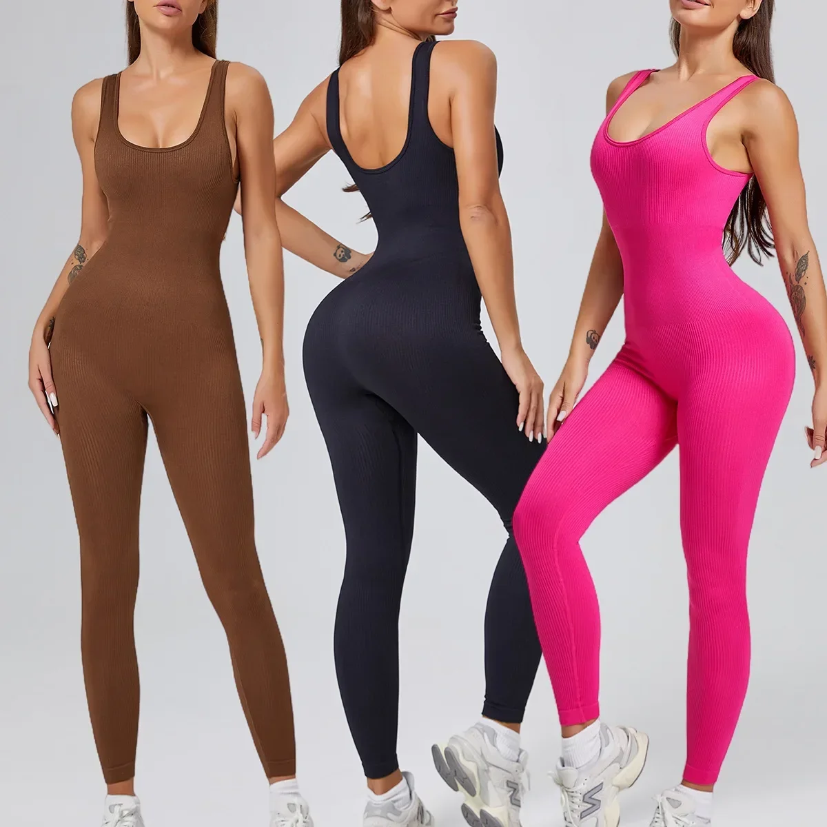 Threaded Yoga Jumpsuit Sports Fitness Belly Lift Hip Slim Breathable U-Neck Pants Jumpsuit Workout Clothes Gym Set for Women