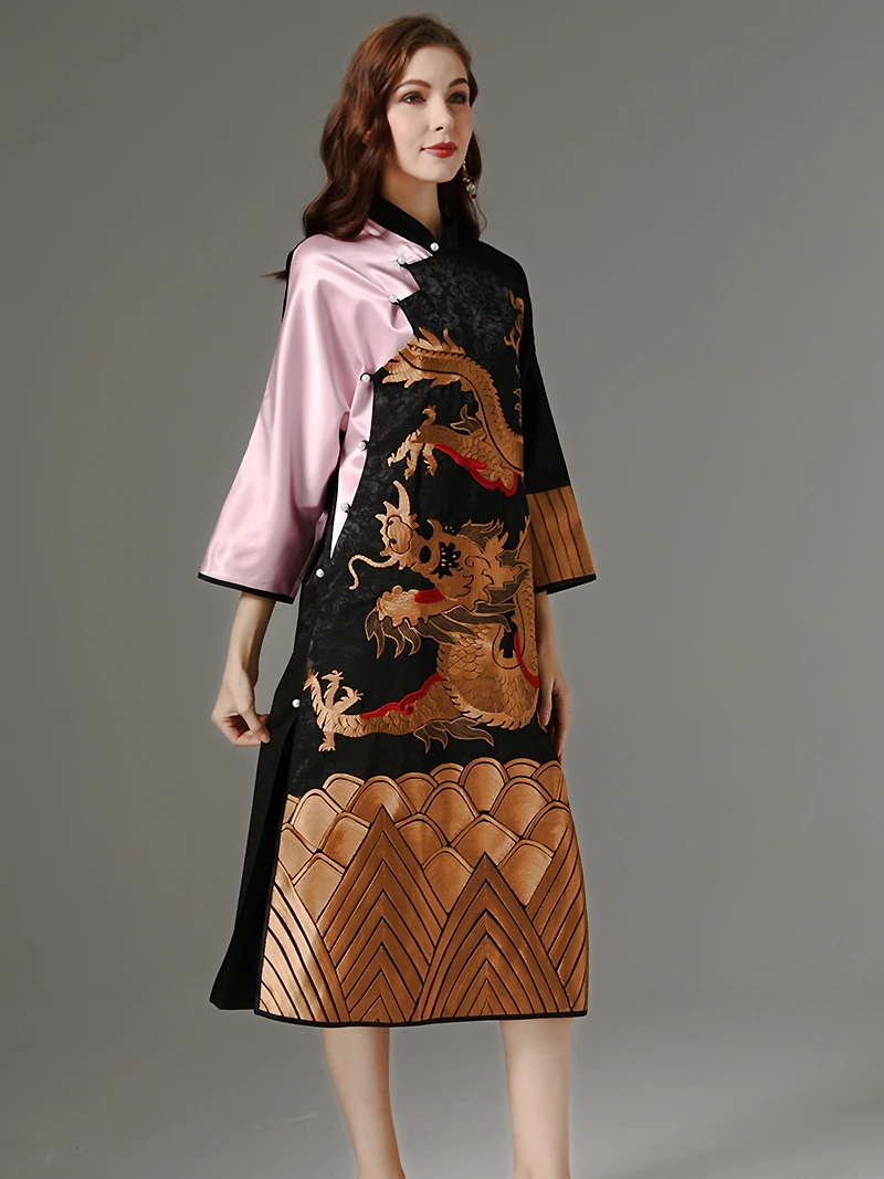 New Chinoiserie Dress National Style Embroideried Plus Size Luxury Classy Loose Cheongsam Skirt Dragon Robe For Women