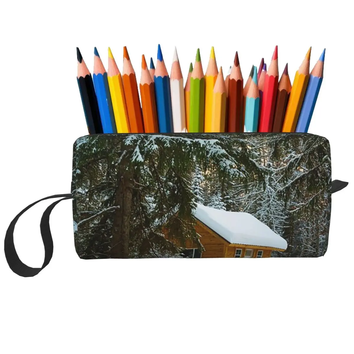 Schneebedeckte Hütte im Wald, Federmäppchen für Jungen und Mädchen, Stiftbox, Stifttasche, Schreibwaren, Reise-Organizer-Tasche für Frauen
