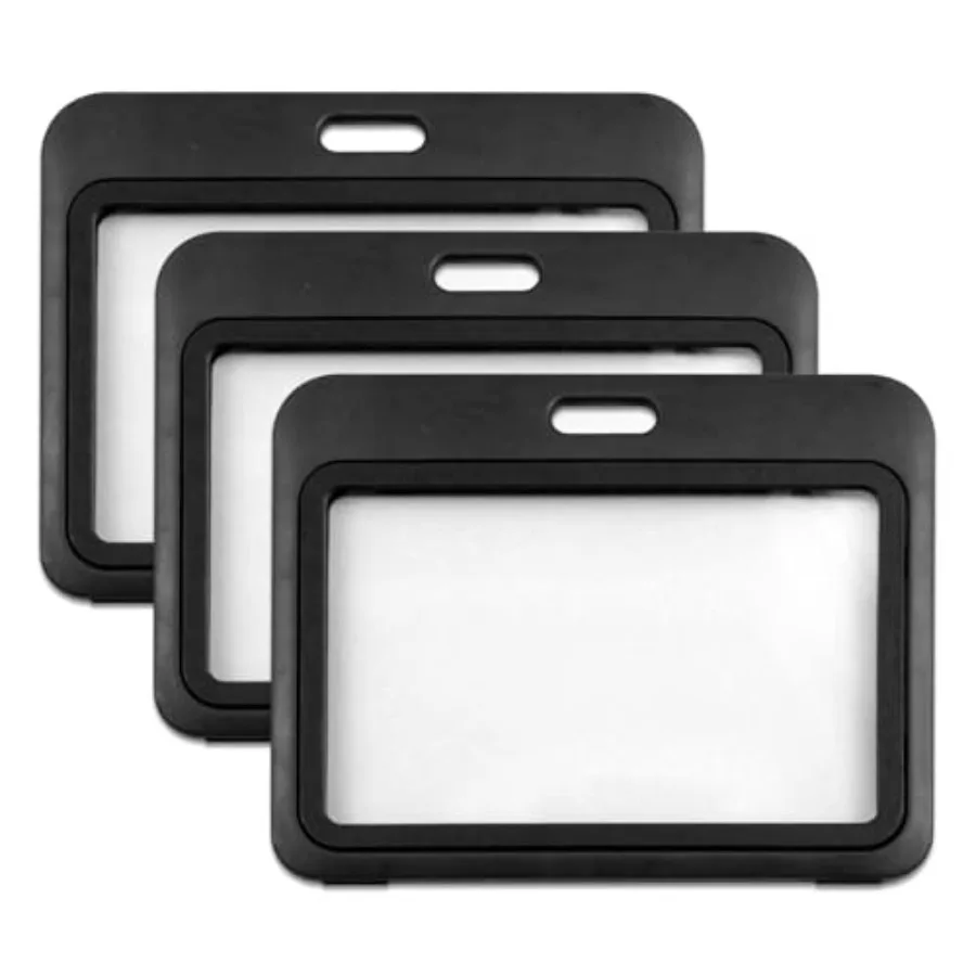 

3-Pack Horizontal Hard Plastic ID Badge Holders Double-Sided Black Card Case for Office, School, Credit and Access Cards