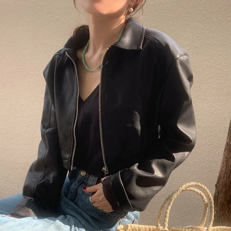 Chic American Sle PU หนัง Jaet ort หลวม Fit ยาว Sve ซิปผู้หญิงเสื้อแจ็คเก็ต Faion เดินทางสวมใส่