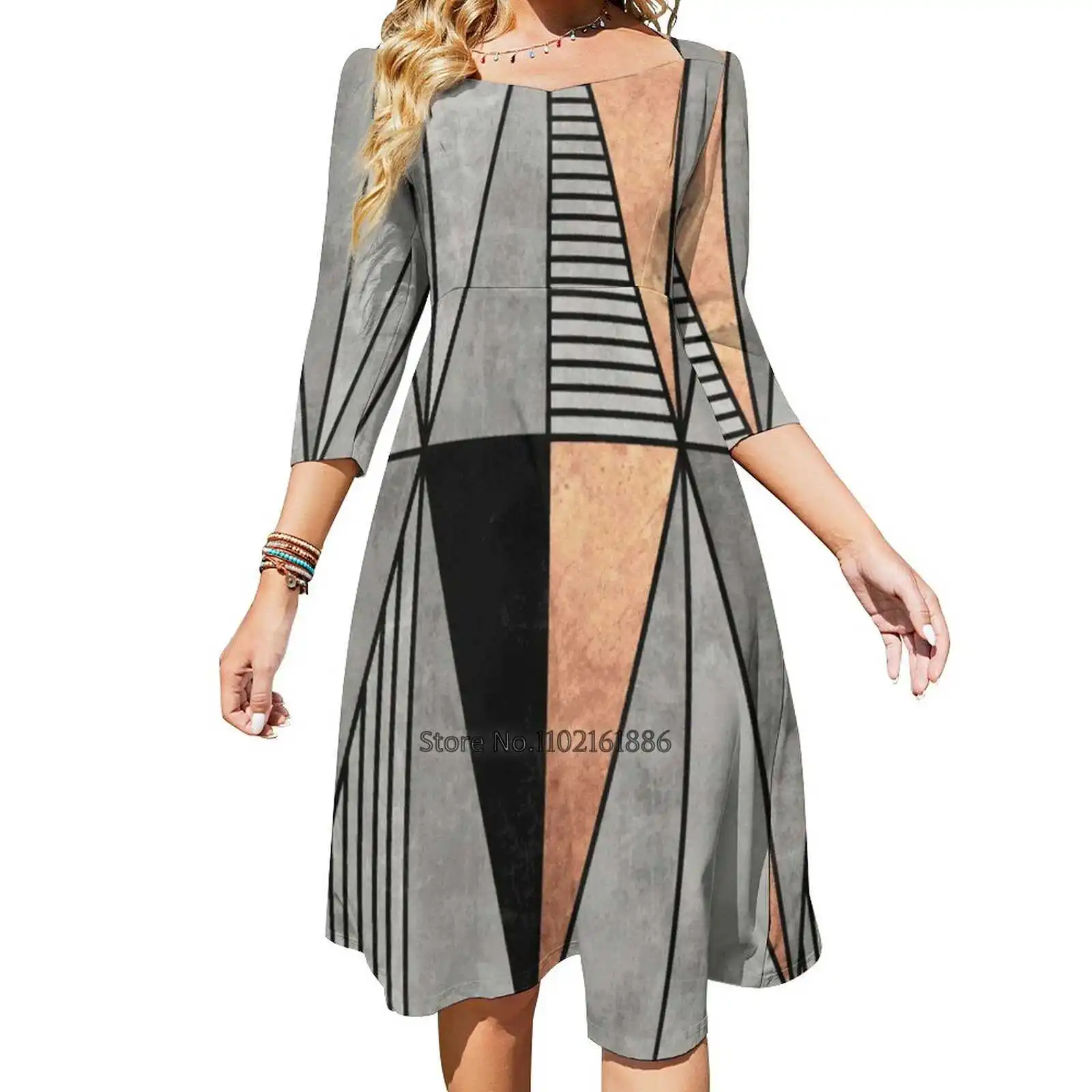 Concrete And Copper Square Neck Dress Summer Dress Women Elegant Halter Print Dress Concrete Lines Stripes Pattern Tiles Unique