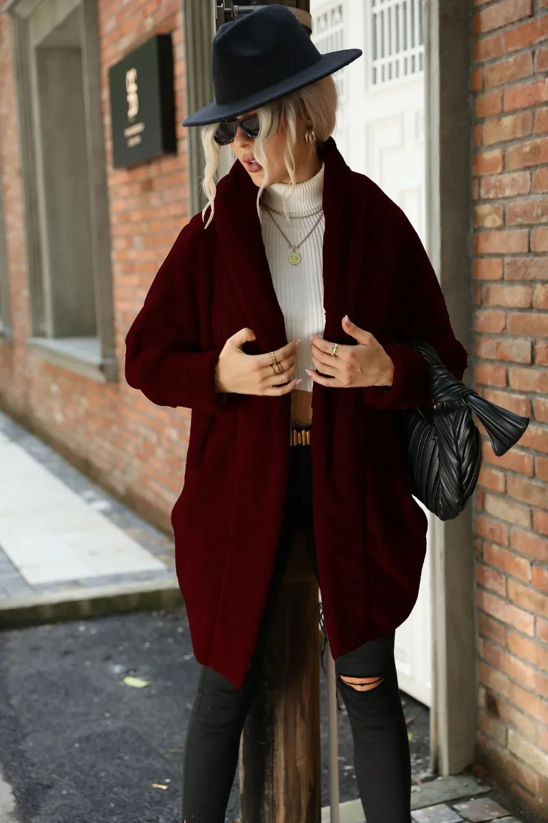 Autumn Winter 2022 New Flashy Women's Double Sided Velvet Coat Plush Buckle Free Cardigan Solid Color Loose Long Polo Sweater