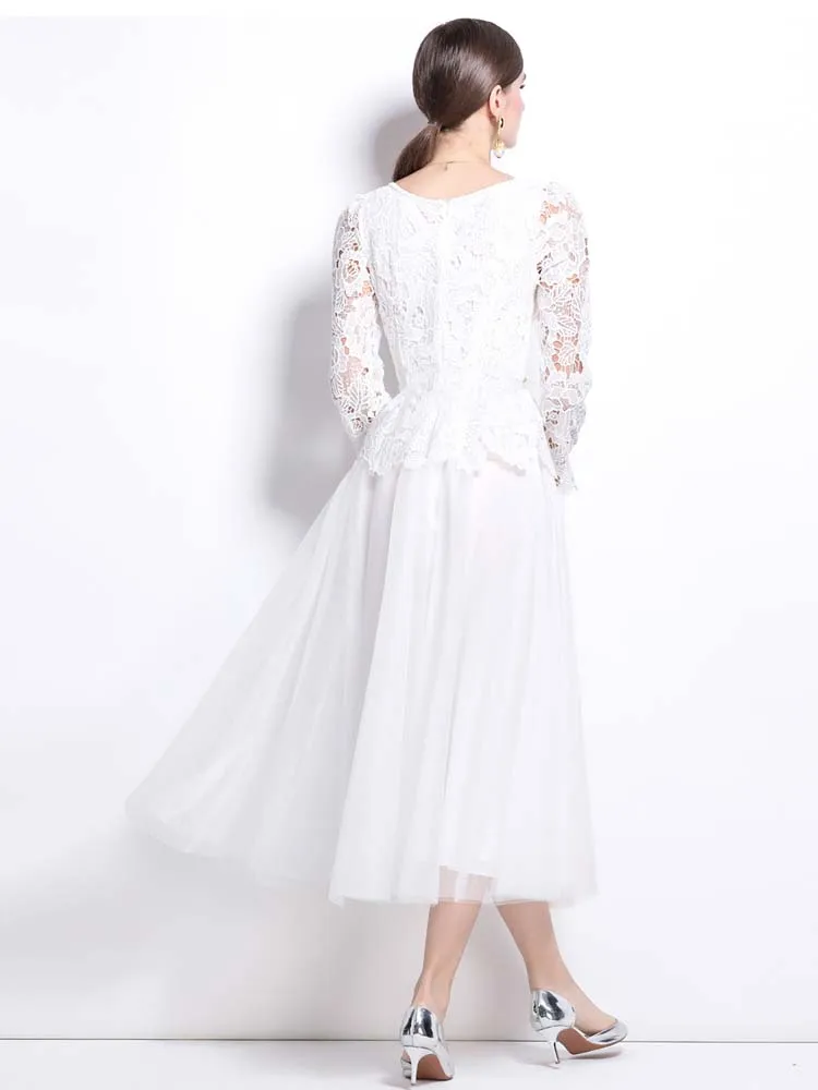 Party Luxury Lace mesh patchwork dress Women's White 2025 Elegant Hollow out O-neck Long sleeve Midi dresses Lady INKEO 4D137