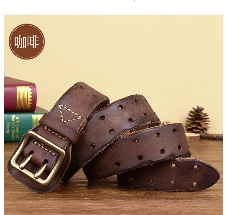Men 2 Pin Buckle Top Real Full Grain Genuine Leather Belt 38 mm Double Needle Casual Jeans Belt