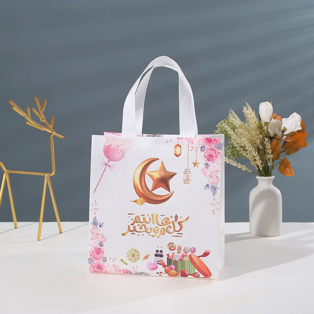 4/8pcs Ramadan Candy Bags with Handle Moon Ramadan Kareem Gift Bags for Eid Party Decorations Eid al Fitr Non-Woven Tote Bags