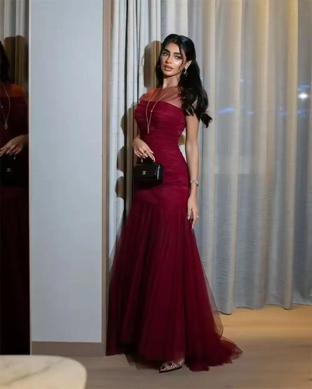 Customized Classic Fashion Net Mermaid Scoop Neck Long Formal Evening Dress Occasion Dresses Available High Quality