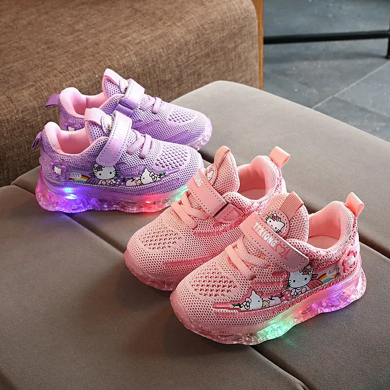 Hello Kitty Shoes For Kids Baby Lights Shoes Girl Anti-slip Sneaker Casual Children\'s Pink Purple Led Leisure Sports Shoes