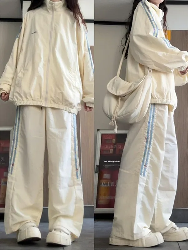 

Women's Loose Casual Sports Set Spring Autumn Embroidered Open Cardigan Jacket Long Pants Fashionable Versatile Two-Piece Trendy