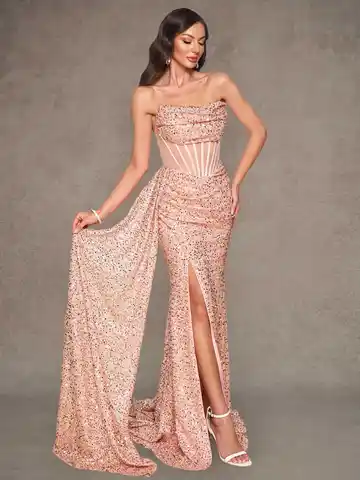 Rose Gold Sequin Strapless Mermaid Evening Gown Sheer Corset High Slit Draped Train Party Dress
