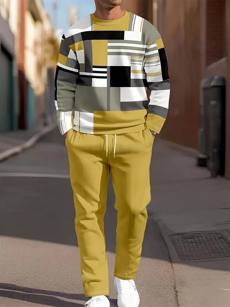 

2025 Spring/Summer New Arrival Men's Crewneck Sweatshirt & Casual Pants Set Color-Blocked Print Stylish Men's Two-Piece Set