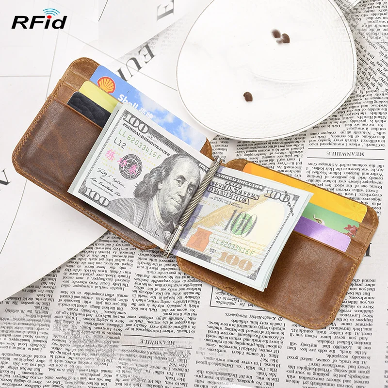 Anti-theft Brush Leather Men's Money Clip Retro Oil Wax Business Wallet Multi-card Slot Anti-magnetic Large Capacity Card Holder