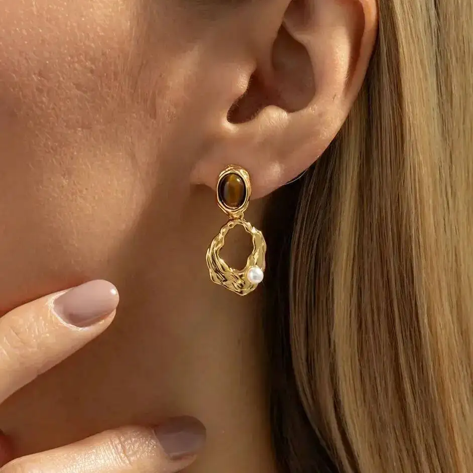 SHIXIN Vintage Tiger Eye Stone Irregular Drop Earrings for Women Elegant Geometric Small Pendant Earrings Fashion Jewelry Gifts