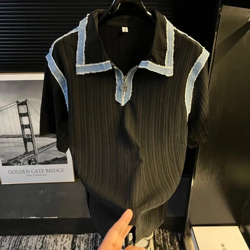 White Loose Polo Shirt with Denim Trim and Half Zipper Collar Short Sleeve Men Casual Top Summer Wear