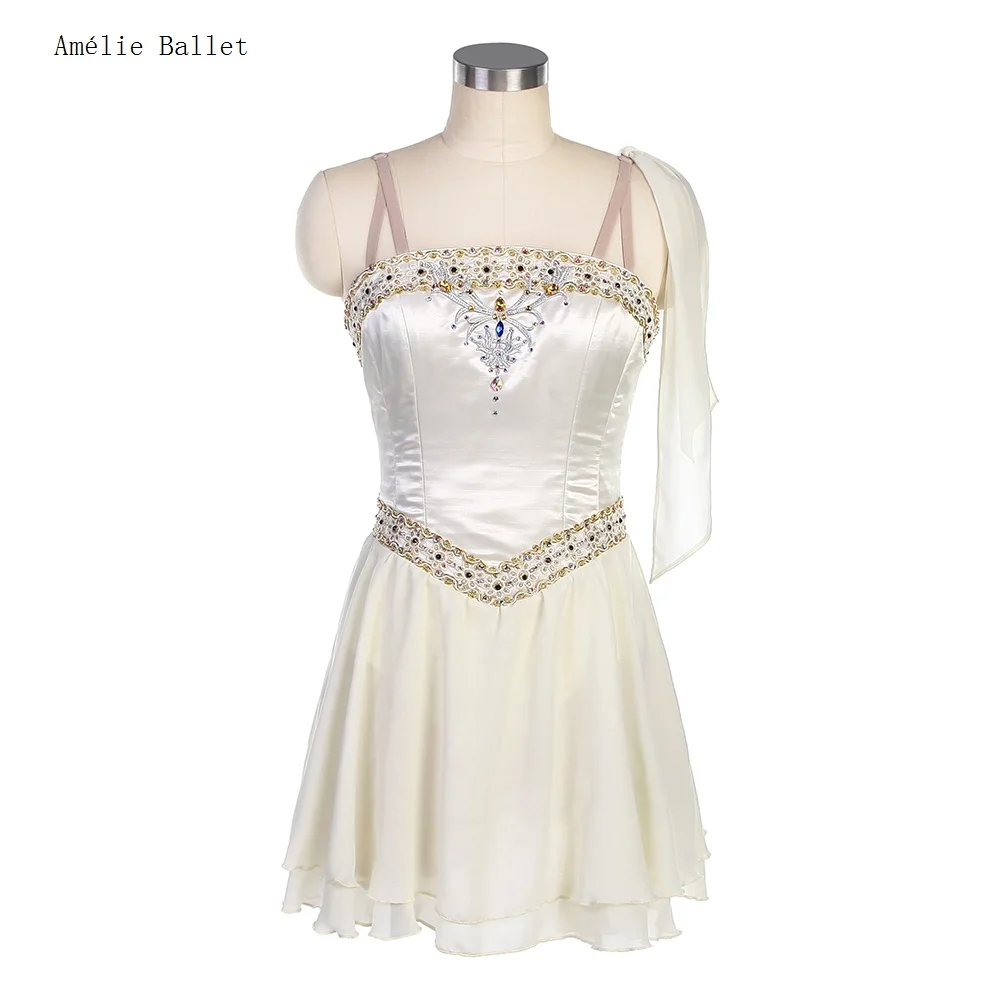 B23034 Customized Stage Costume Ivory Top Bodice with Soft Ivory Chiffon Skirt Women & Girls Ballet Performance Costumes