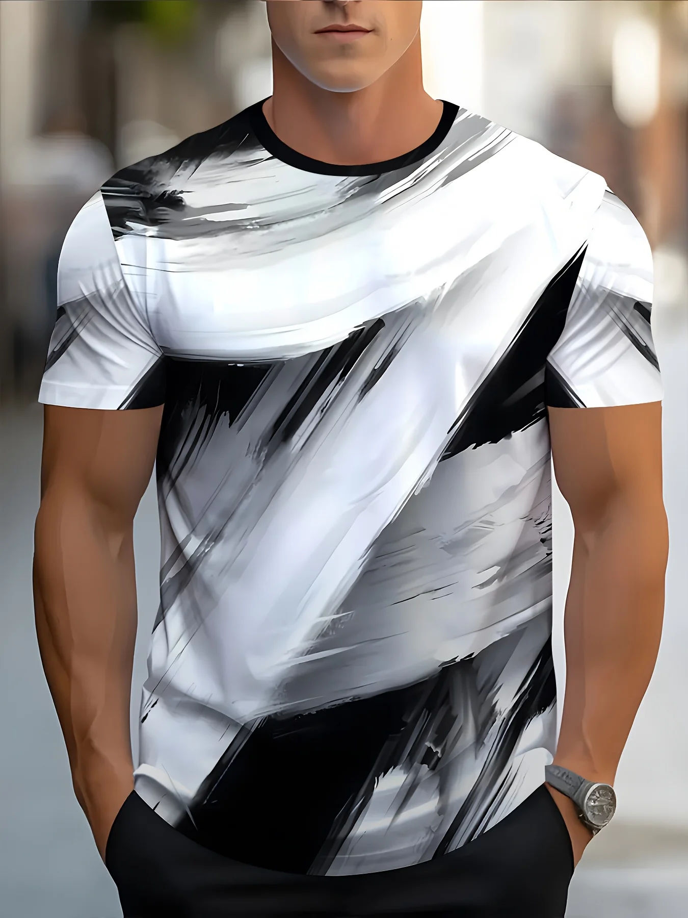 

2025 Fashion Men's T-Shirt - Black and white abstract print short sleeve - Quick drying and breathable - Oversize fit garment