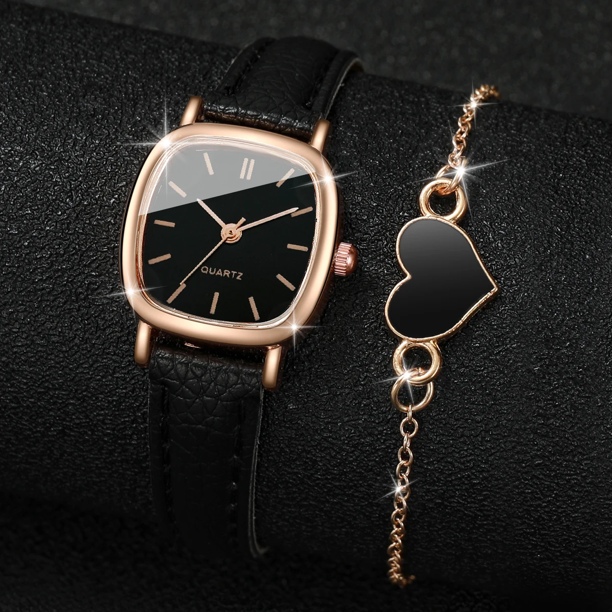 2PCS/Set Women\'s Watch Fashion Square Leather Band Analog Quartz Watches Heart Bracelet Set