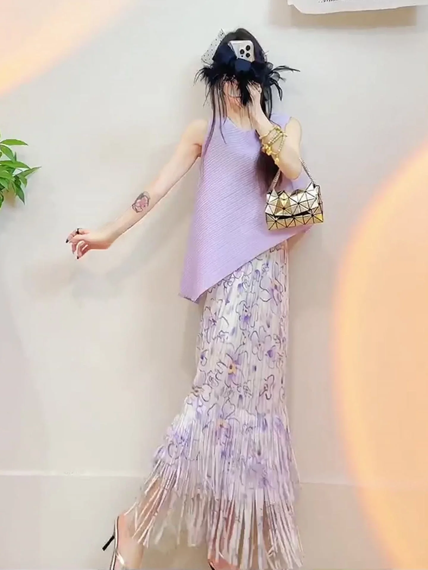 

Summer Floral Tassel Uneven Hem Top Skirt Set Women's Casual Style Breathable Polyester round Neckline Two-Piece Suit