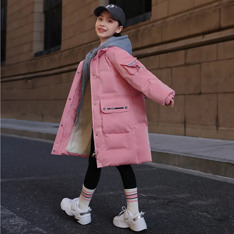 

2022 New winter children's down jacket Girls' pink fashion long duck down coat Girls waterproof and anti-fouling warm thick coat