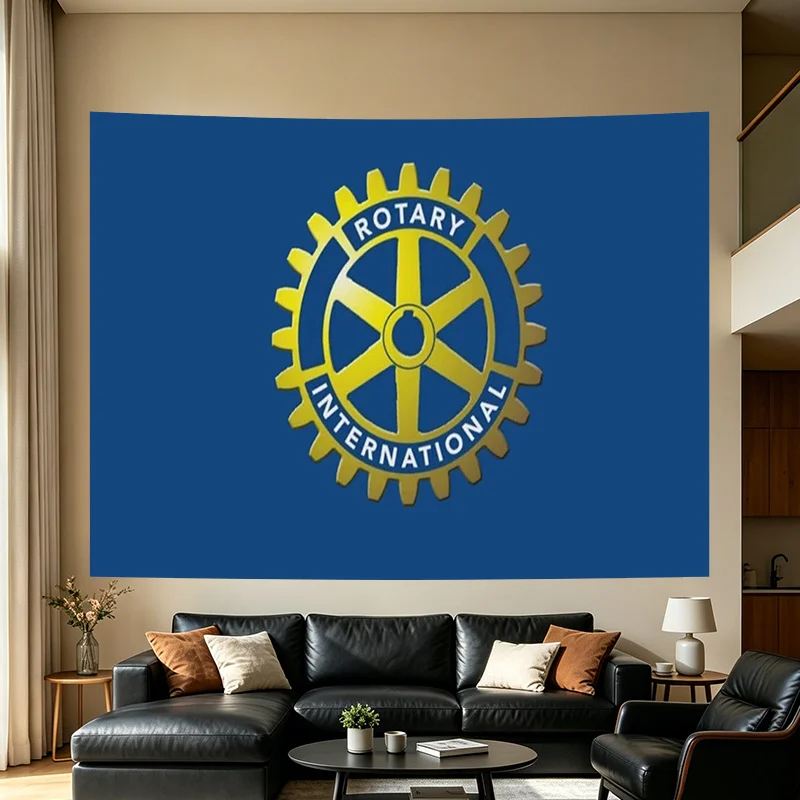 Large Decorative Rotary Club Logo Wall Tapestry Canvas Hanging Art Blue Yellow Accent Piece for Man Cave or Office