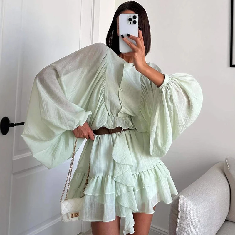 Ticketsx elegante em camadas mini vestido feminino moda manga longa ver através de babados roupa único breasted vestido de festa de verão