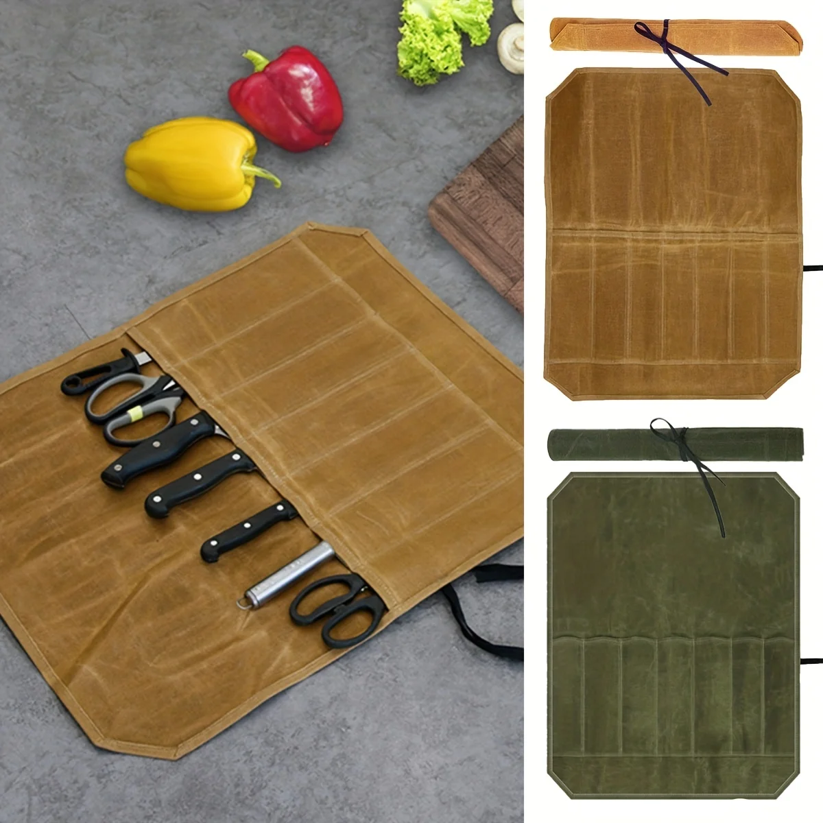 Knife Cases Organizer-Durable Waxed Canvas Construction,Chef’s Knife Roll Bag, Portable Chef Knife Cases with 7 Slots