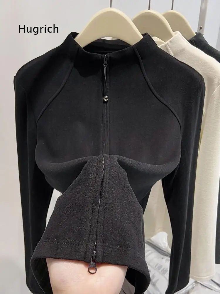 Women Close Fitting Full Zipper Long Sleeve Top Stand Collar Raglan Seam Stretchy Material For Daily And Sport Matching