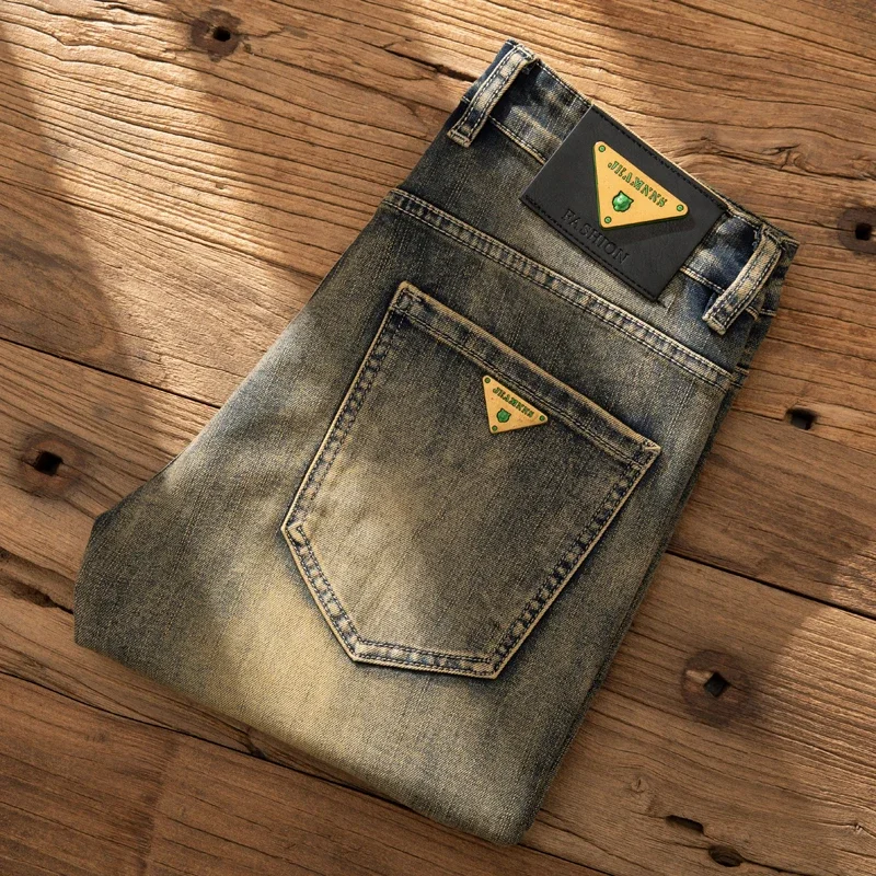 

Мужские ретро-джинсы слим-фит, модные длинные брюки для осени и зимы, утепленные, европейский тренд, желтые джинсы-«грязь»