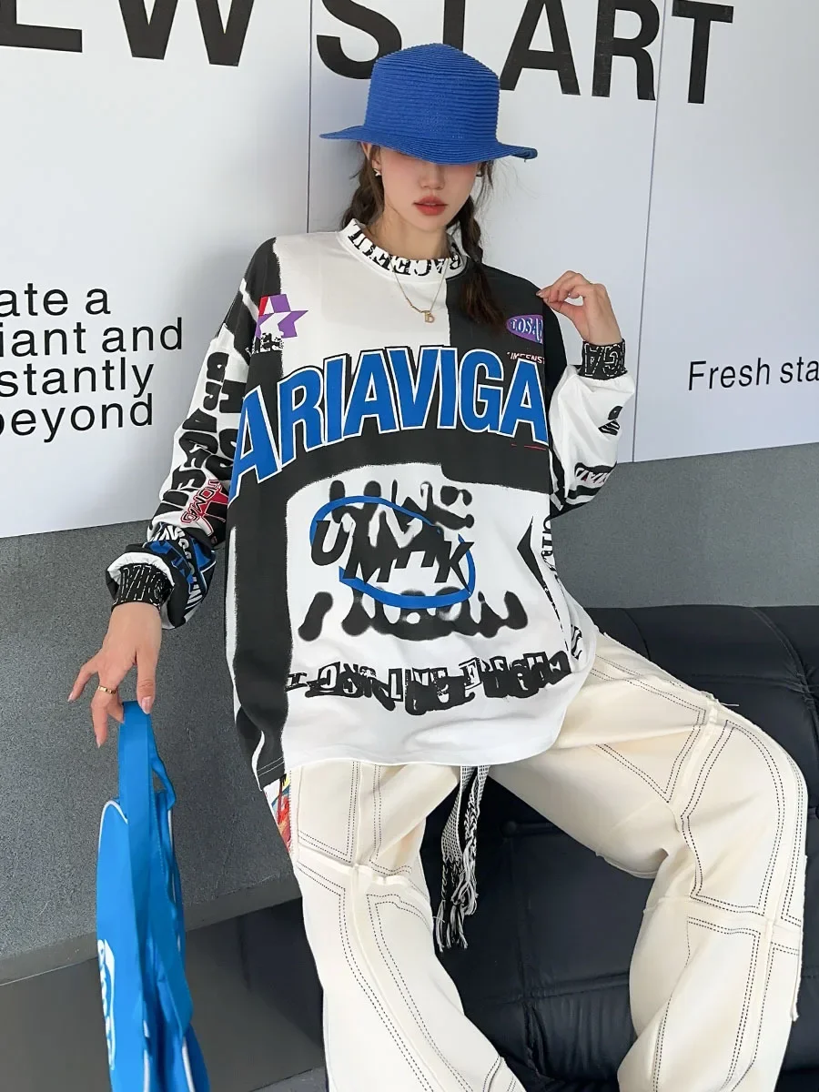 Retro Color Contrast Patchwork Graffiti Letter Print Top and Pant 2 Piece Sets Women Casual Exercise Suit Oversized T-shirt